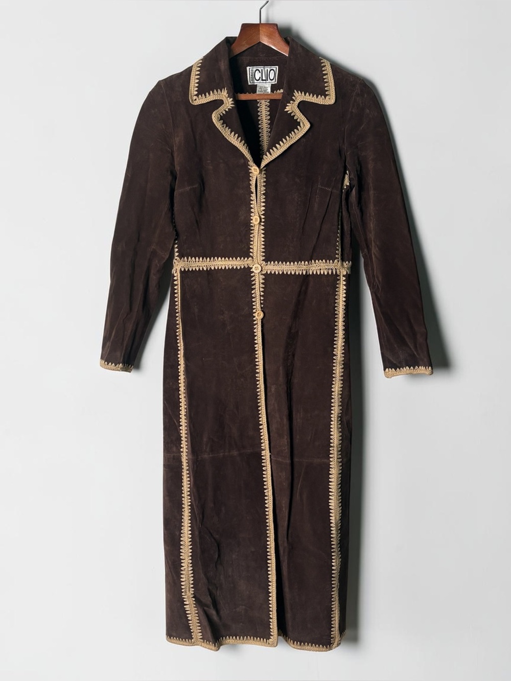 VTG CLIO Suede Leather Duster Maxi Coat Size 4 Brown *READ/Flaws